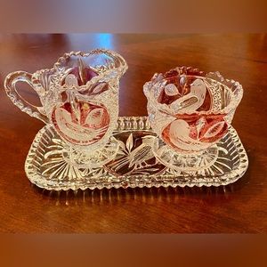Hofbauer Byrdes Red Birds Lead Crystal Creamer & Sugar (Lid Missing) with Tray